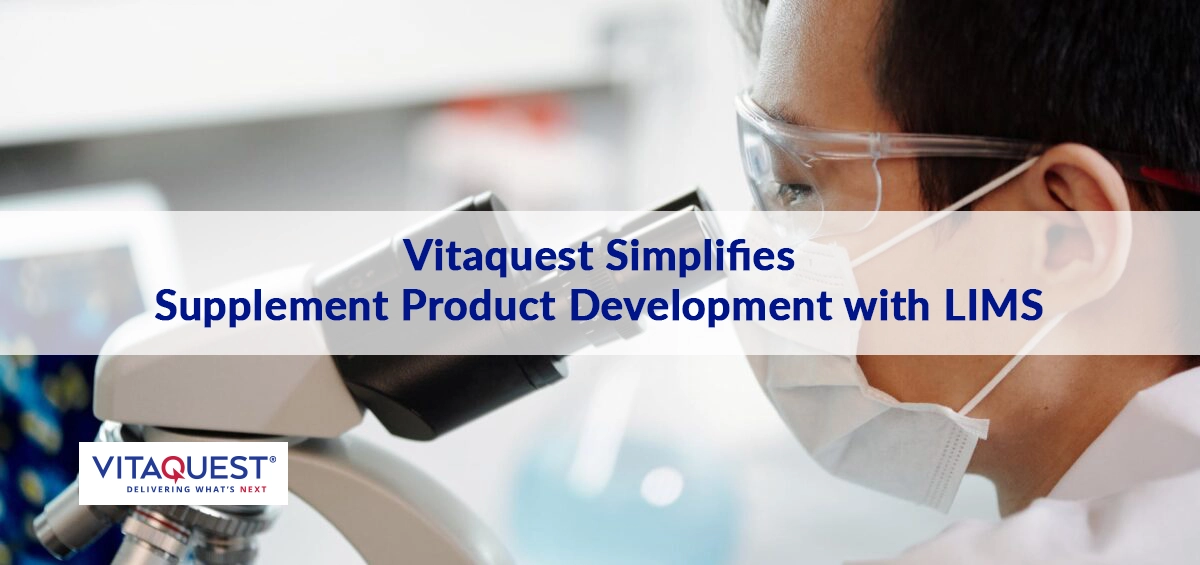 Scientist using a microscope in a Vitaquest laboratory, concept of research and development.