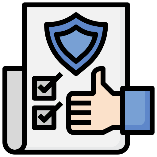 Illustration of hand holding clipboard with shield and check mark symbol.