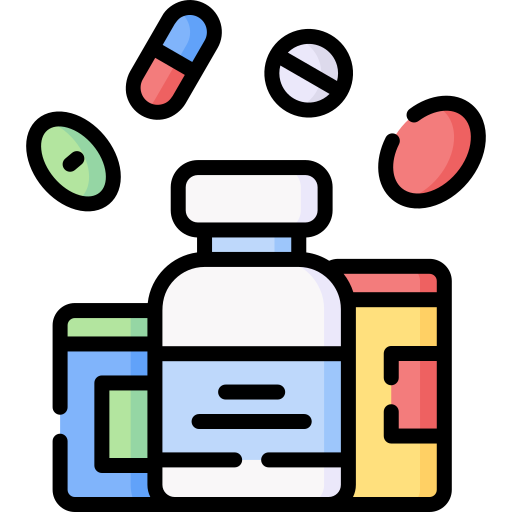 Digital illustration of supplement packaging with assorted capsules and pills floating above, indicating the variety of supplements produced.