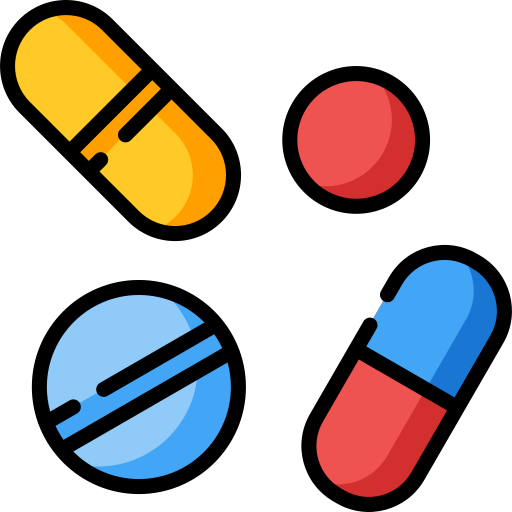 A graphic of four individual pills in different shapes and colors.
