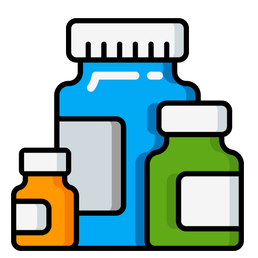 Colorful icon set of three supplement bottles in various sizes.